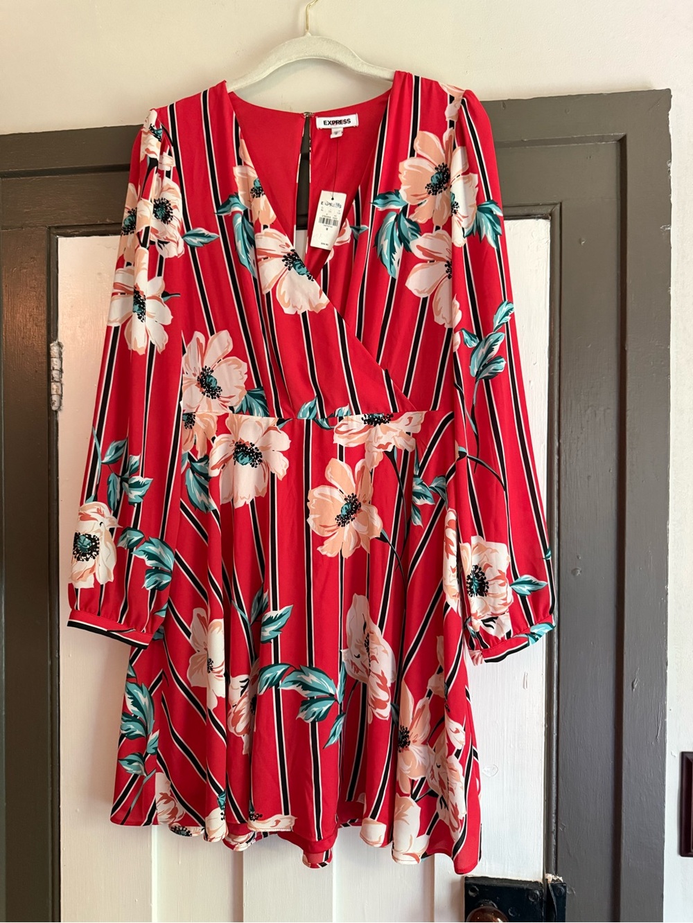 Express Red Floral Striped Long Sleeve Wrap Dress